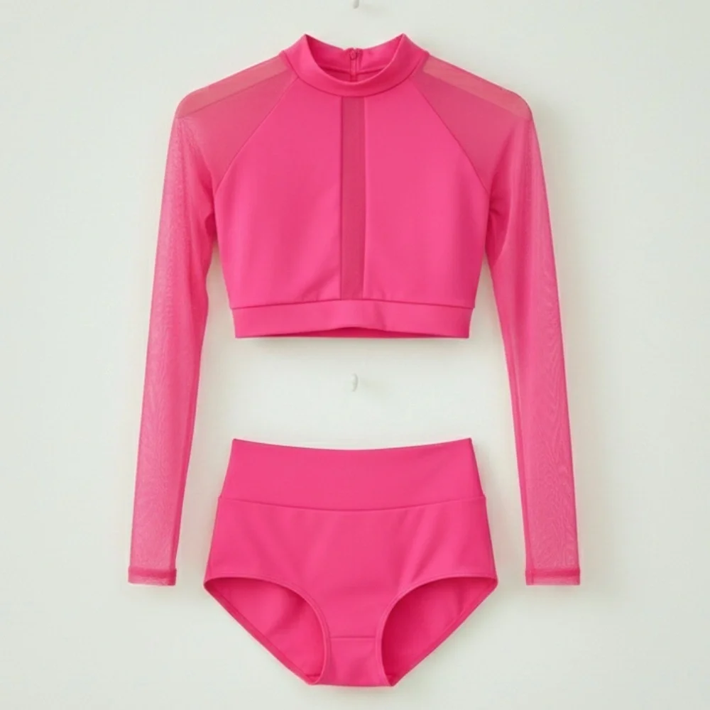 Baltogs Pink High Neck Mesh Long Sleeve Crop Top High Waisted Briefs Dance Set